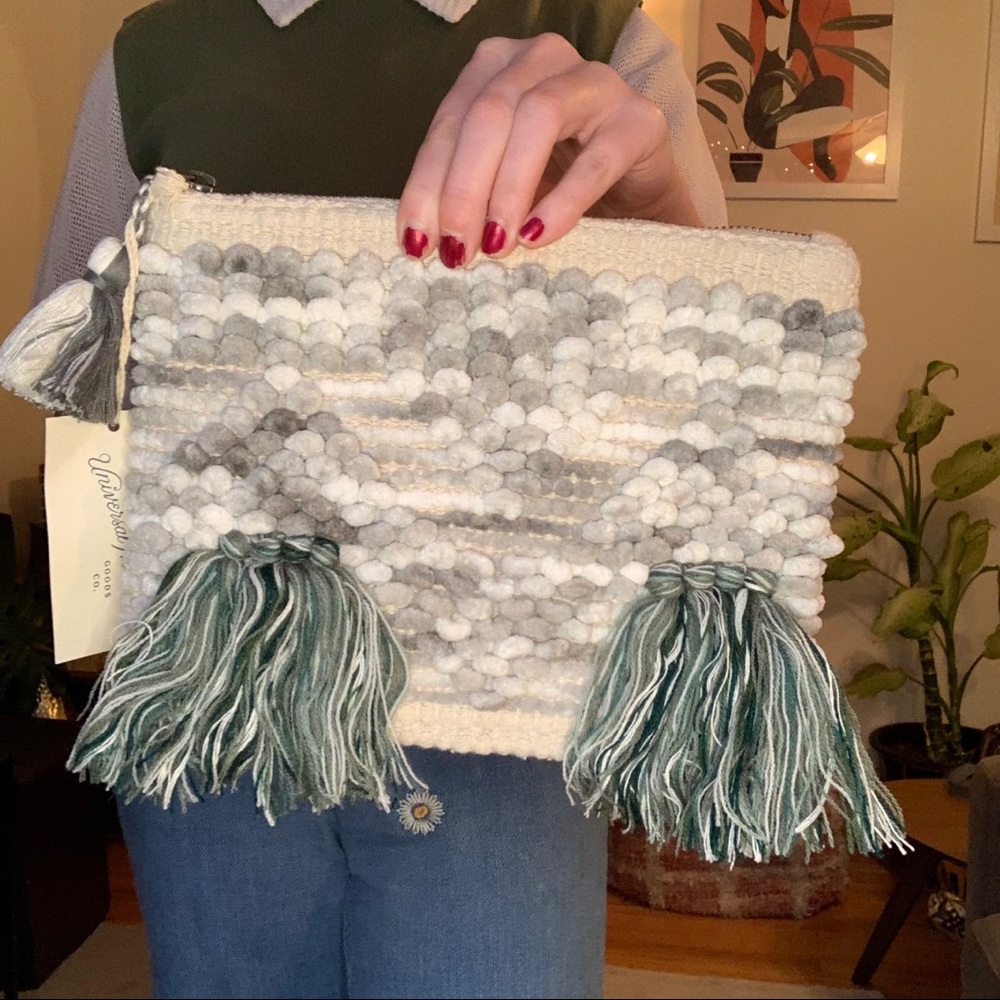 fringe pom-pom woven clutch NWT